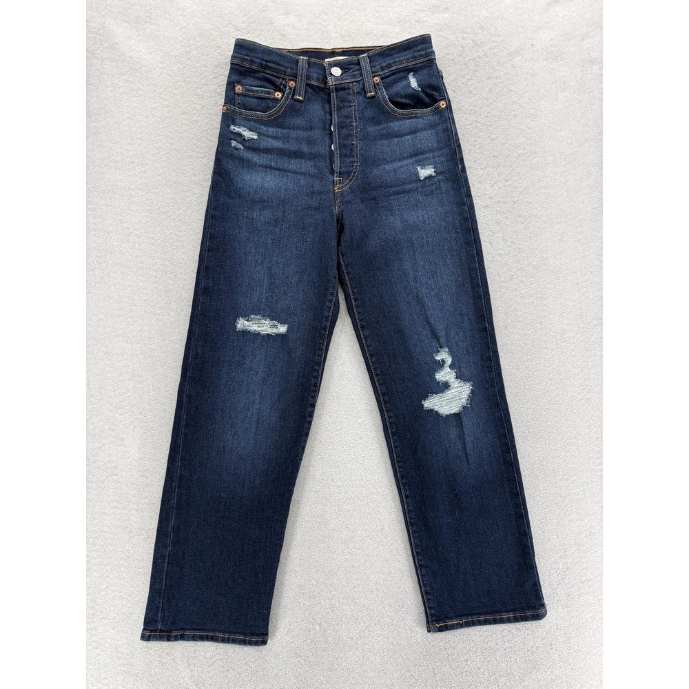 Levis Ribcage Straight Ankle Jeans Womens 24 Blue Dark Wash High Rise Distressed